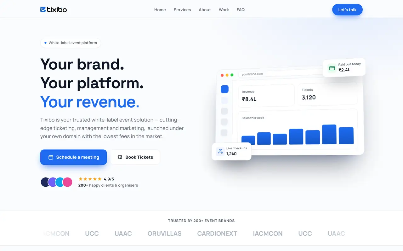 Tixibo home page, showing the organiser revenue dashboard